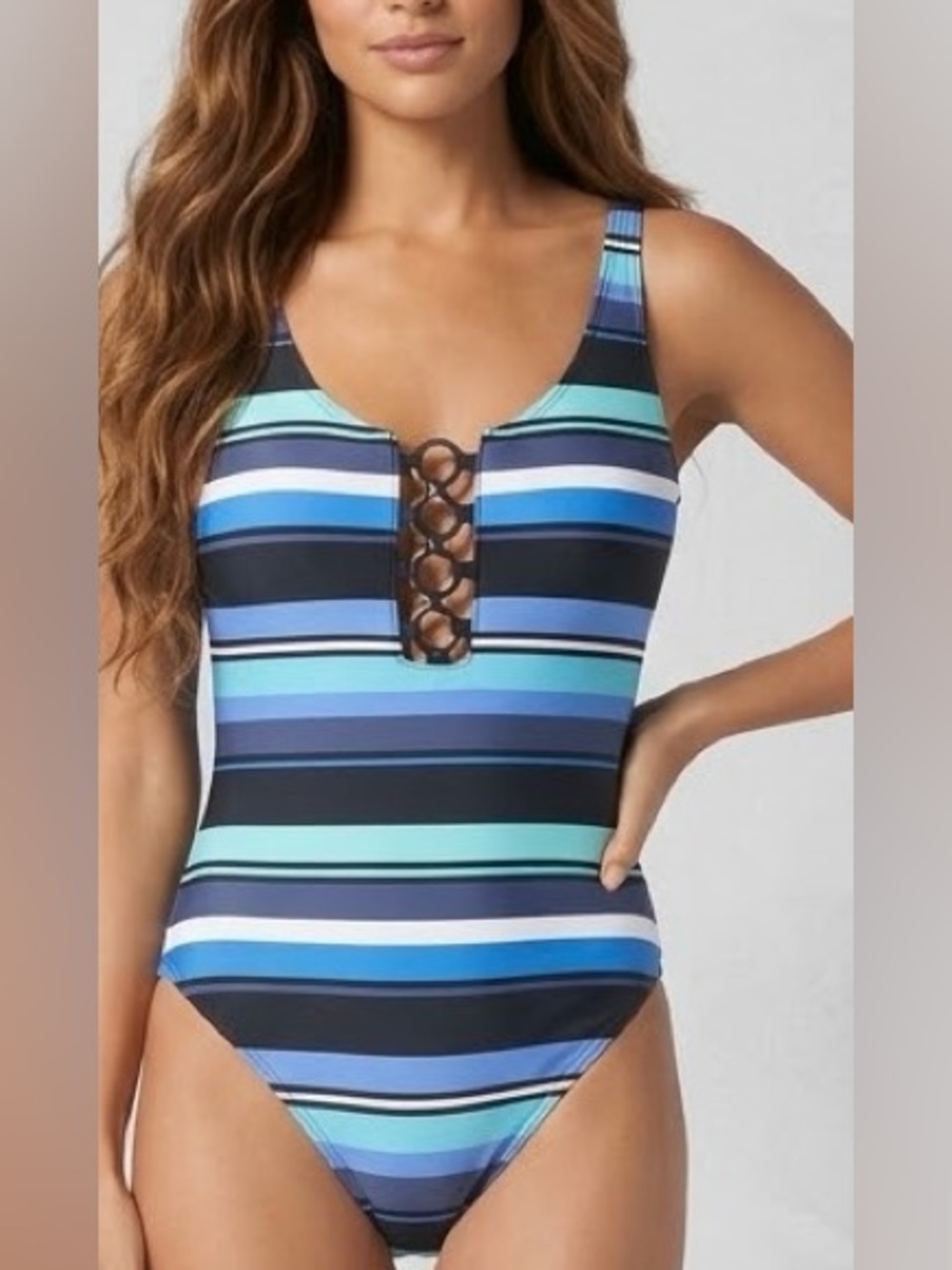 Michael Kors Black/Blue/Aqua/White Striped/Ring Front One Piece Swimsuit: 8 (M)